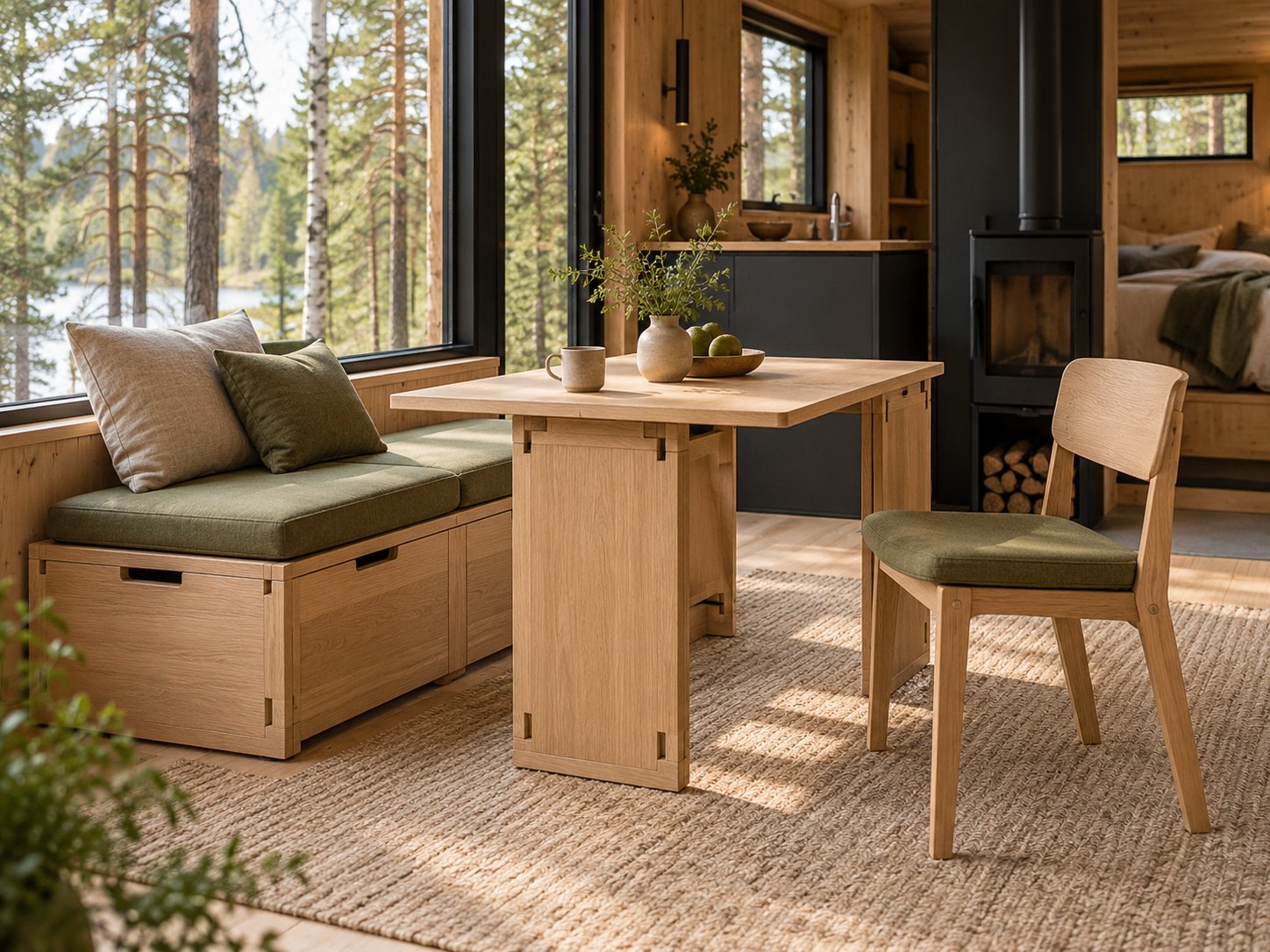Helytakarékos, összehangolt modern bútorok egy erdei tiny house-ban