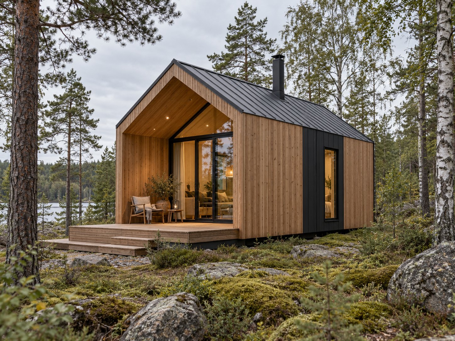 Modern, faborítású tiny house erdei környezetben