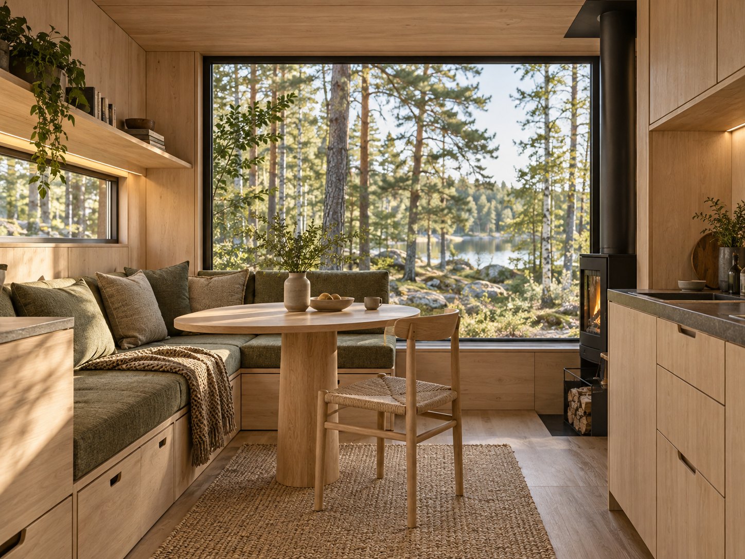 Modern tiny house enteriőr erdőre néző nagy üvegfelülettel