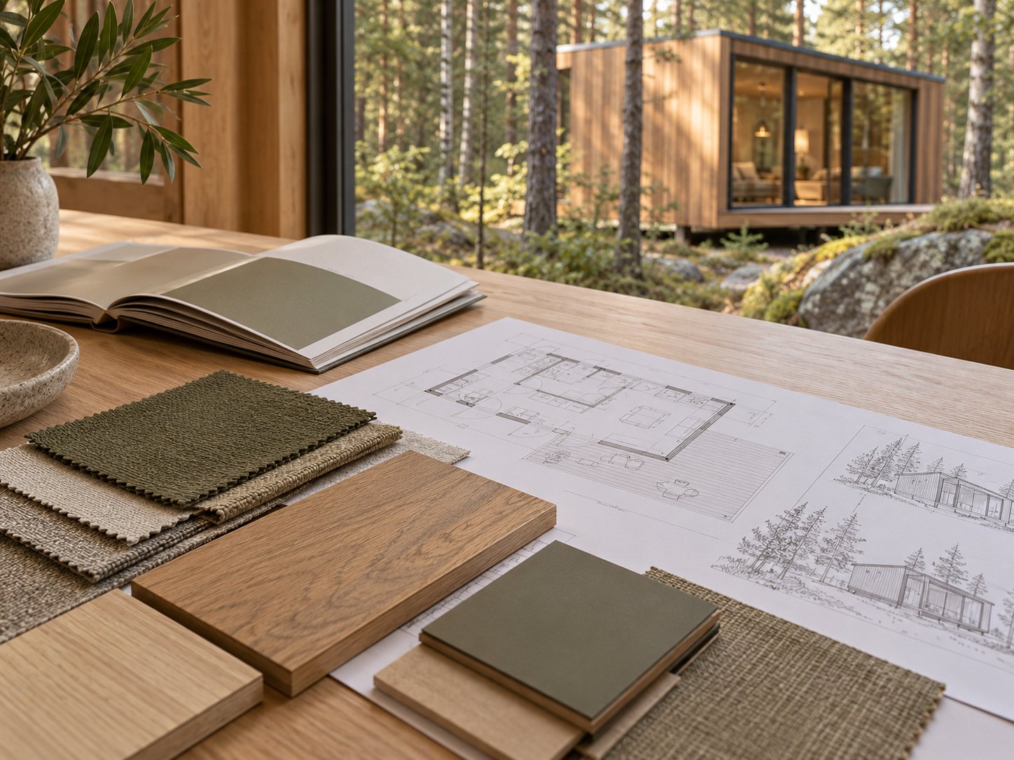 Tervezési és termékkatalógus-anyagok egy erdei tiny house belső terében